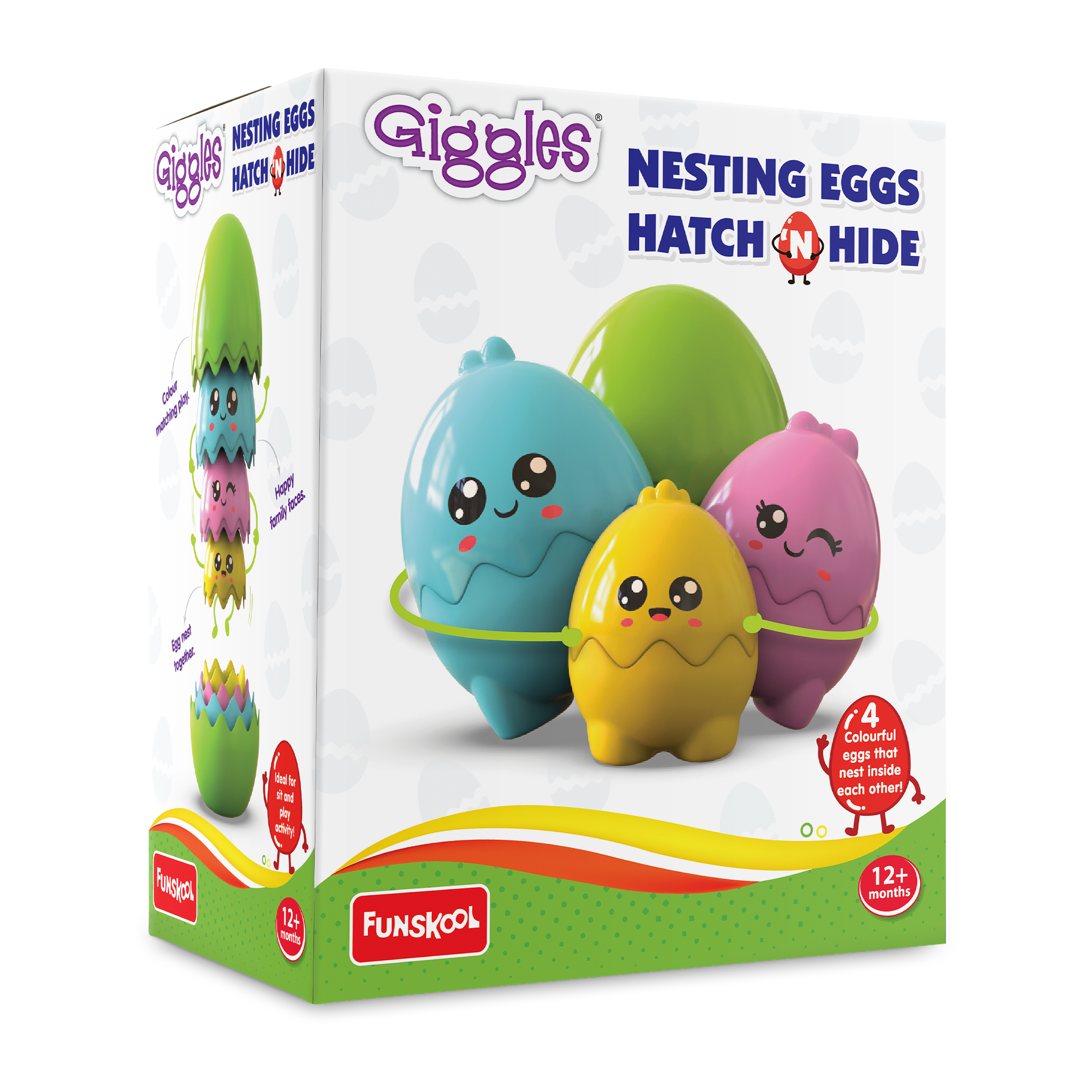 Giggles -  Nesting Eggs Hatch N Hide, Hatch and Discover Papa Egg, Mama Egg & Junior Egg, 12 months and above, Infant and Pre-shool toy, Multi-Colour
