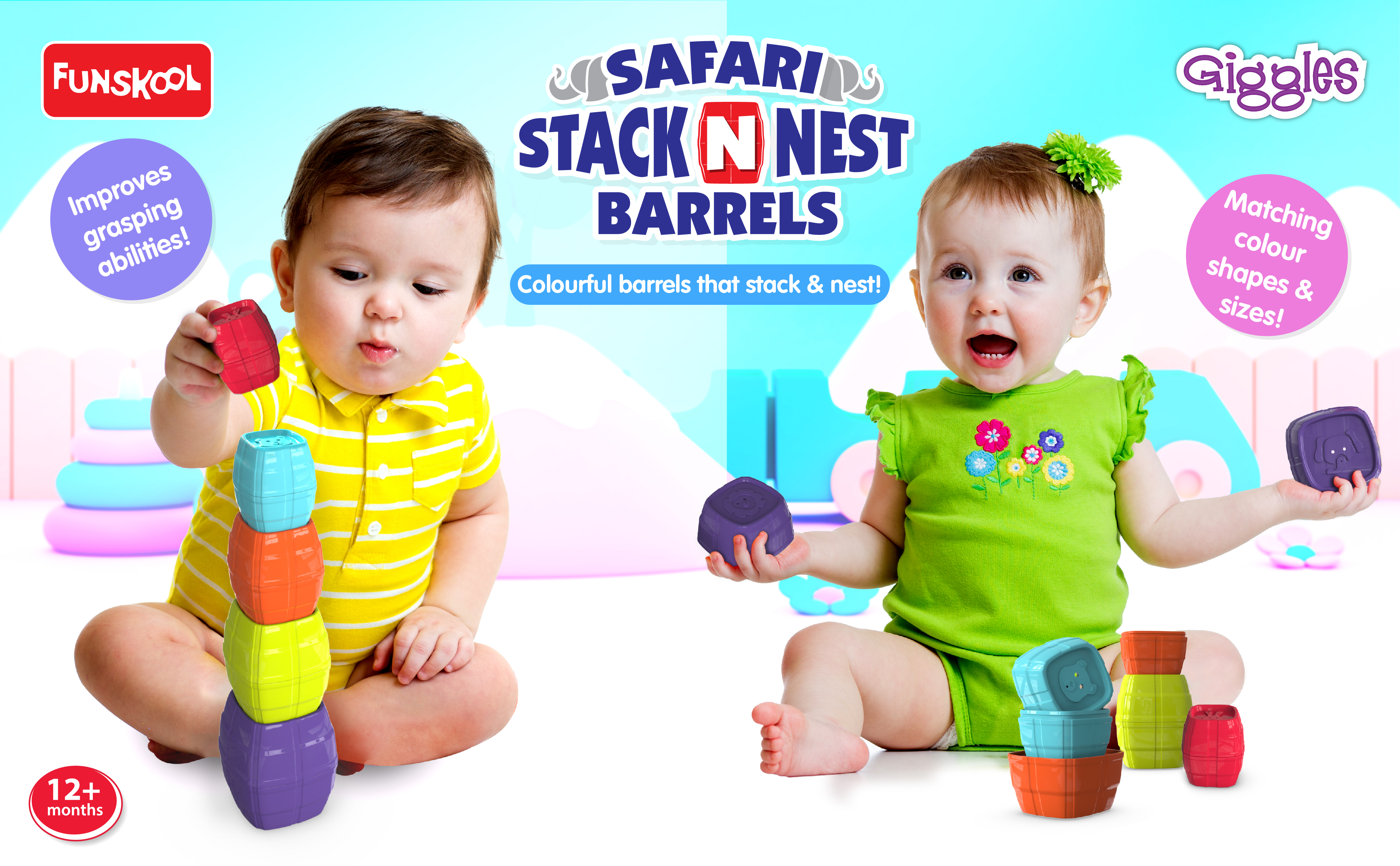 Giggles - Safari Stack N Nest Barrels, Multi-colour Stacking Barrels with Animal Faces, Helps to Sort, Stack and Nest, 12 months & above, Infant and Pre School Toys