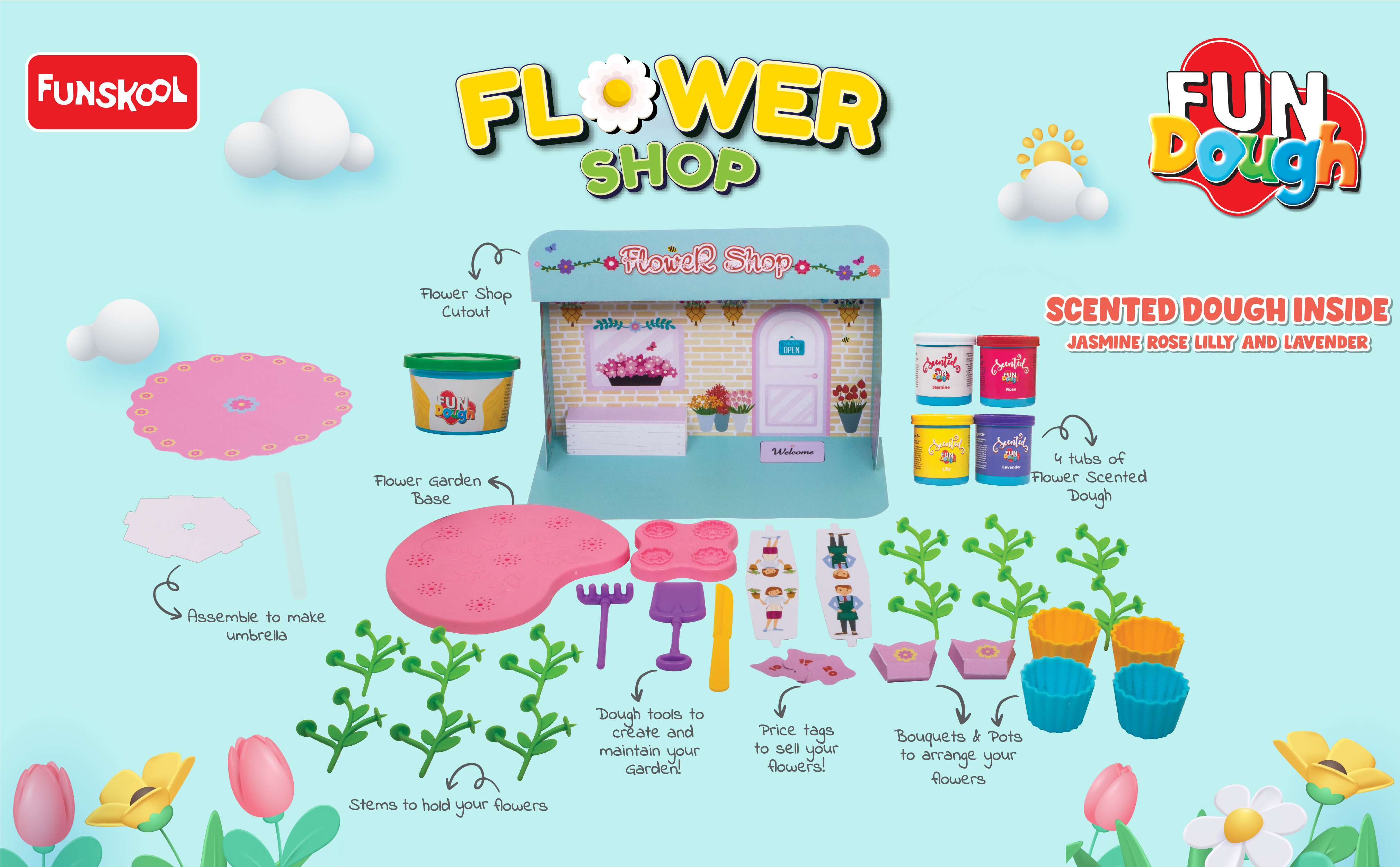 Funskool Fundough Flower Shop Playset - Multicolour Dough Toy for Shaping and Sculpting, Create Scented Flowers, Pretend Selling - Suitable for Ages 3 and Above